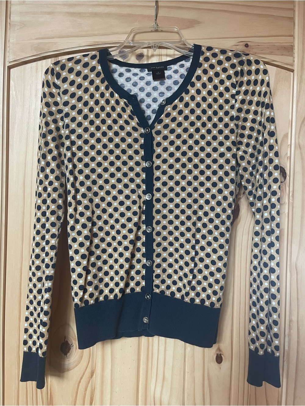 Ann Taylor Navy & Tan Polka Dot Button Cardigan